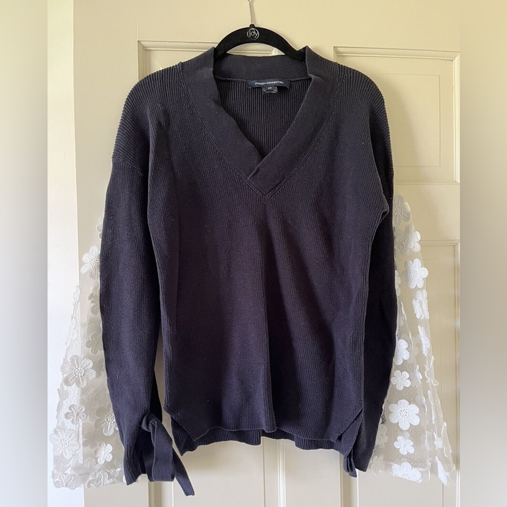 French Connection Navy Caballo Lace Knit Floral Long Sleeve Womens Sweater XS